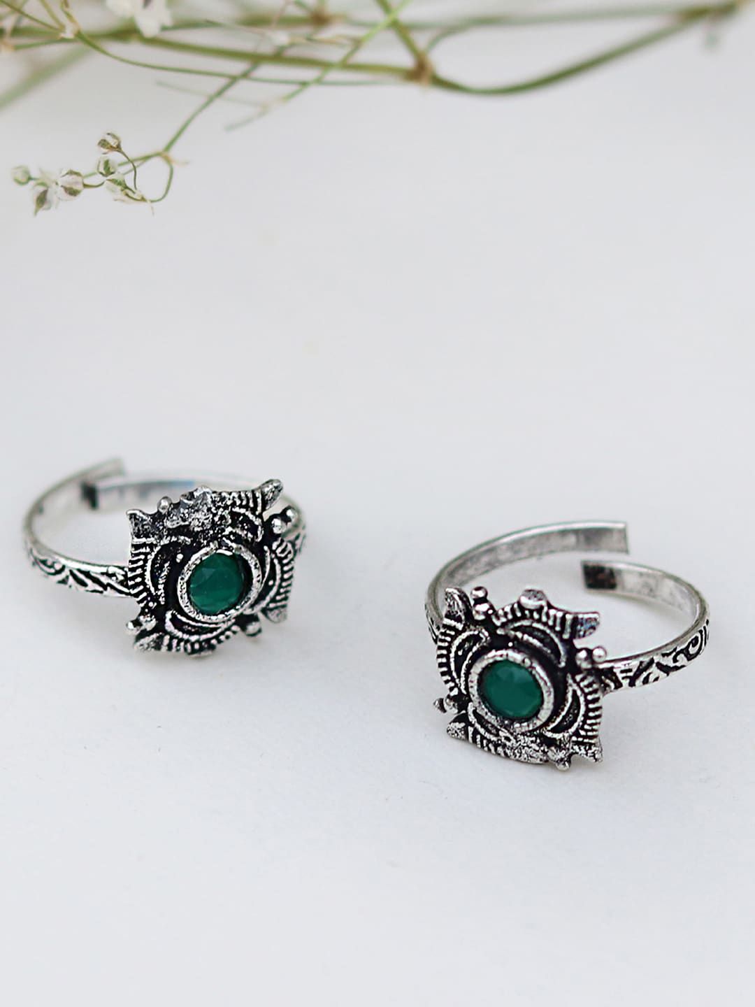 TEEJH Set Of 2 Oxidised Silver-Plated Green Stone-Studded Adjustable Ethnic Toerings Price in India