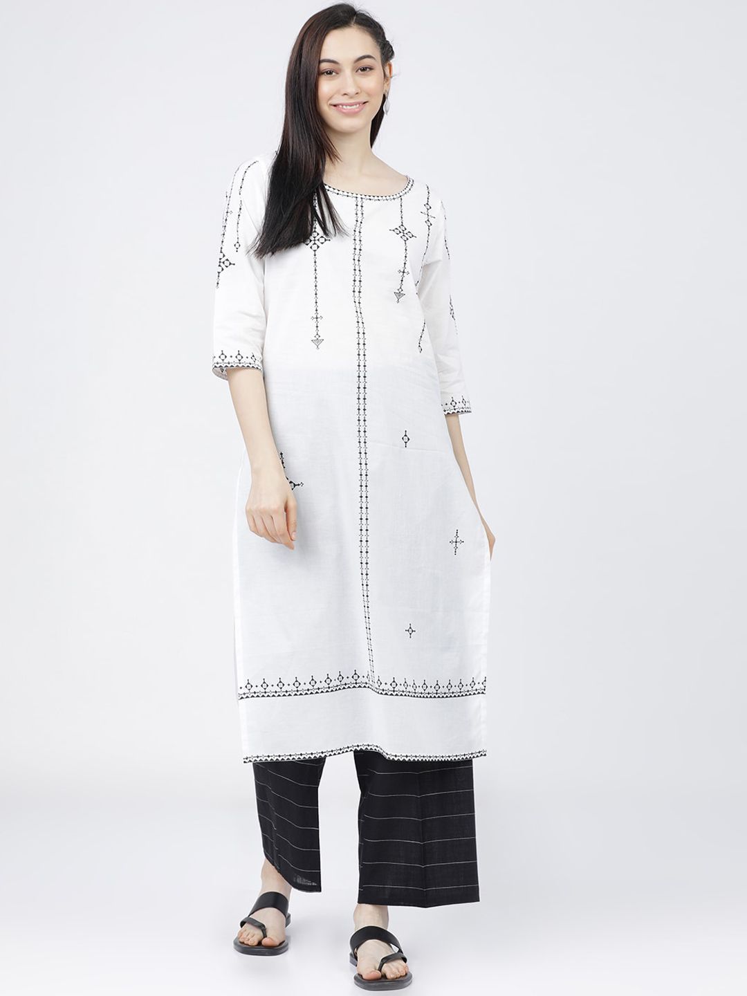 Vishudh Women Off White Embroidered Regular Pure Cotton Kurta with Palazzo Price in India