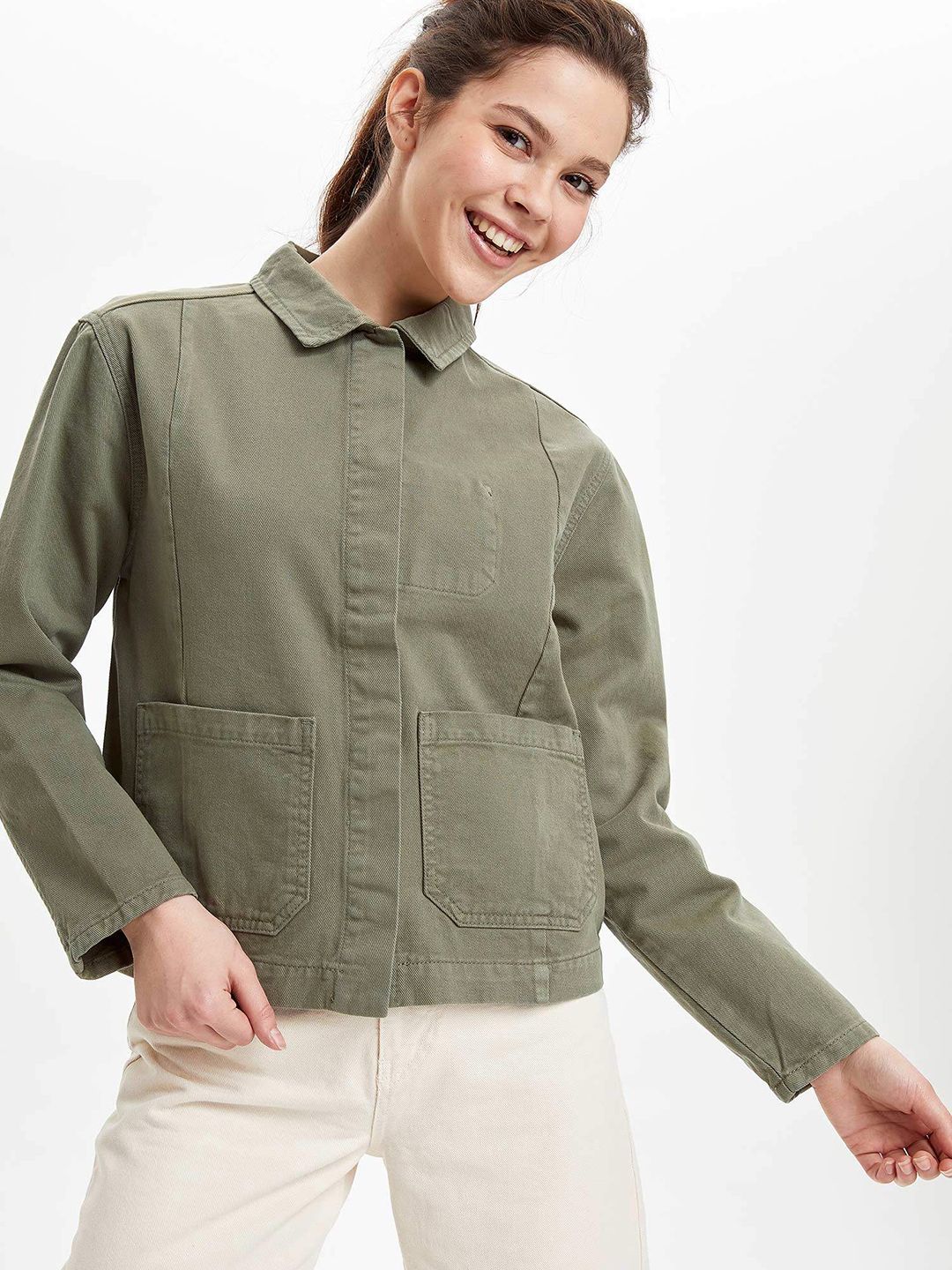 DeFacto Women Olive Green Solid Denim Jacket Price in India