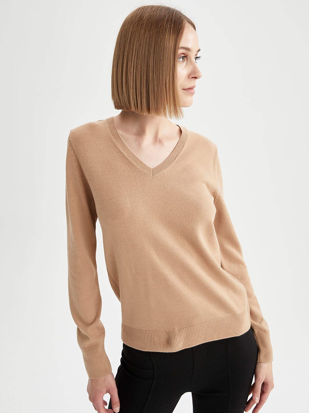 DeFacto Women Brown Solid V-Neck Pullover Price in India