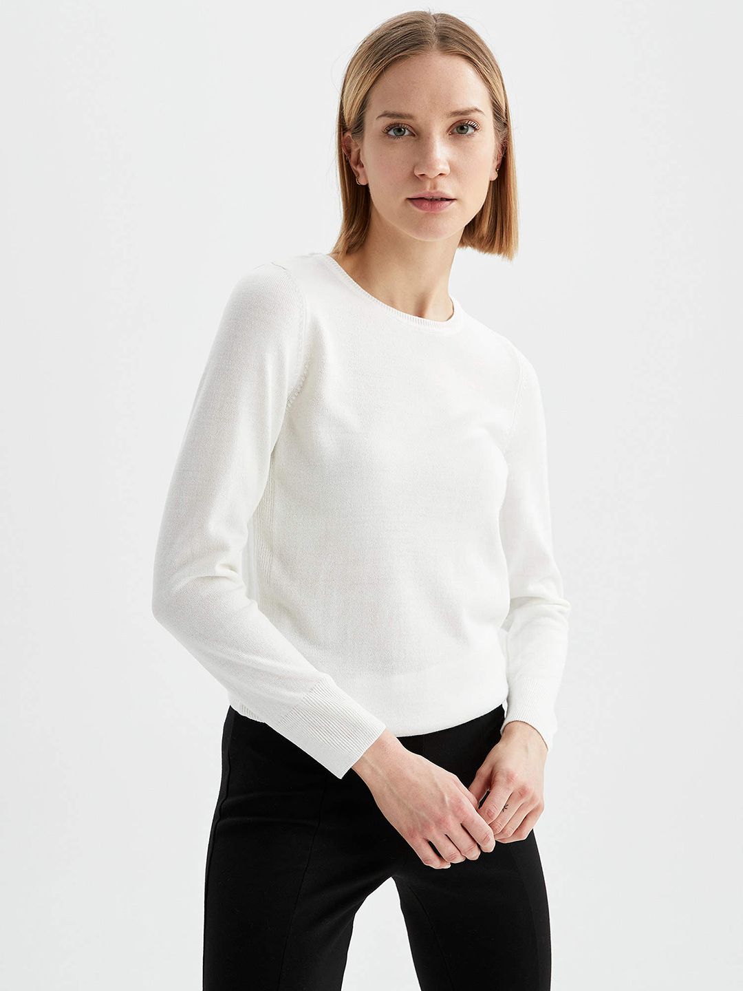 DeFacto Women White Basic REGULAR FIT Tricot Pullover Sweater Price in India