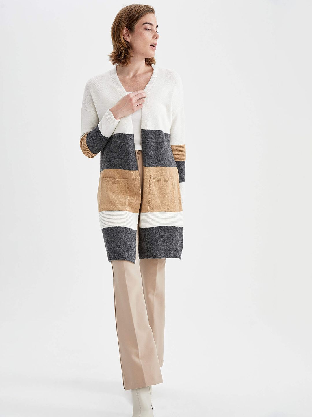 DeFacto Women Off White & Camel Brown Striped Longline Front-Open Sweater Price in India