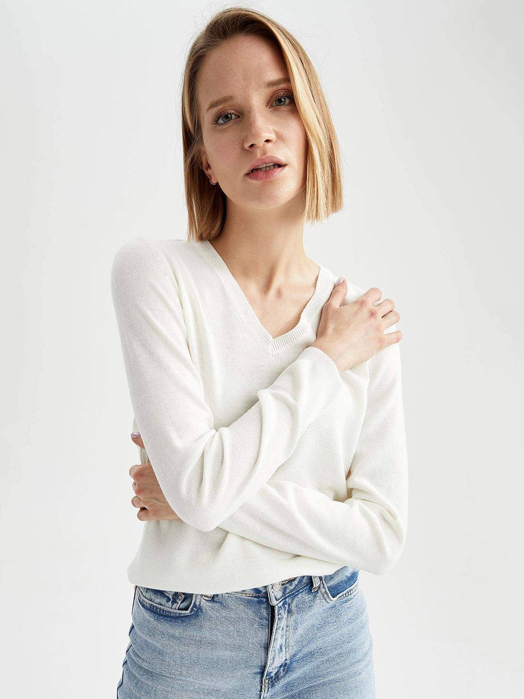 DeFacto Women Off White Solid Pullover Price in India