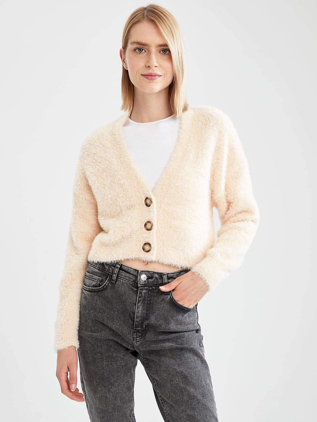 DeFacto Women Cream-Coloured Crop Cardigan with Fuzzy Detail Price in India