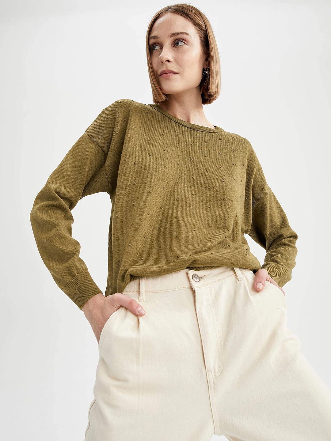 DeFacto Women Khaki Acrylic Pullover with Fuzzy Detail Price in India