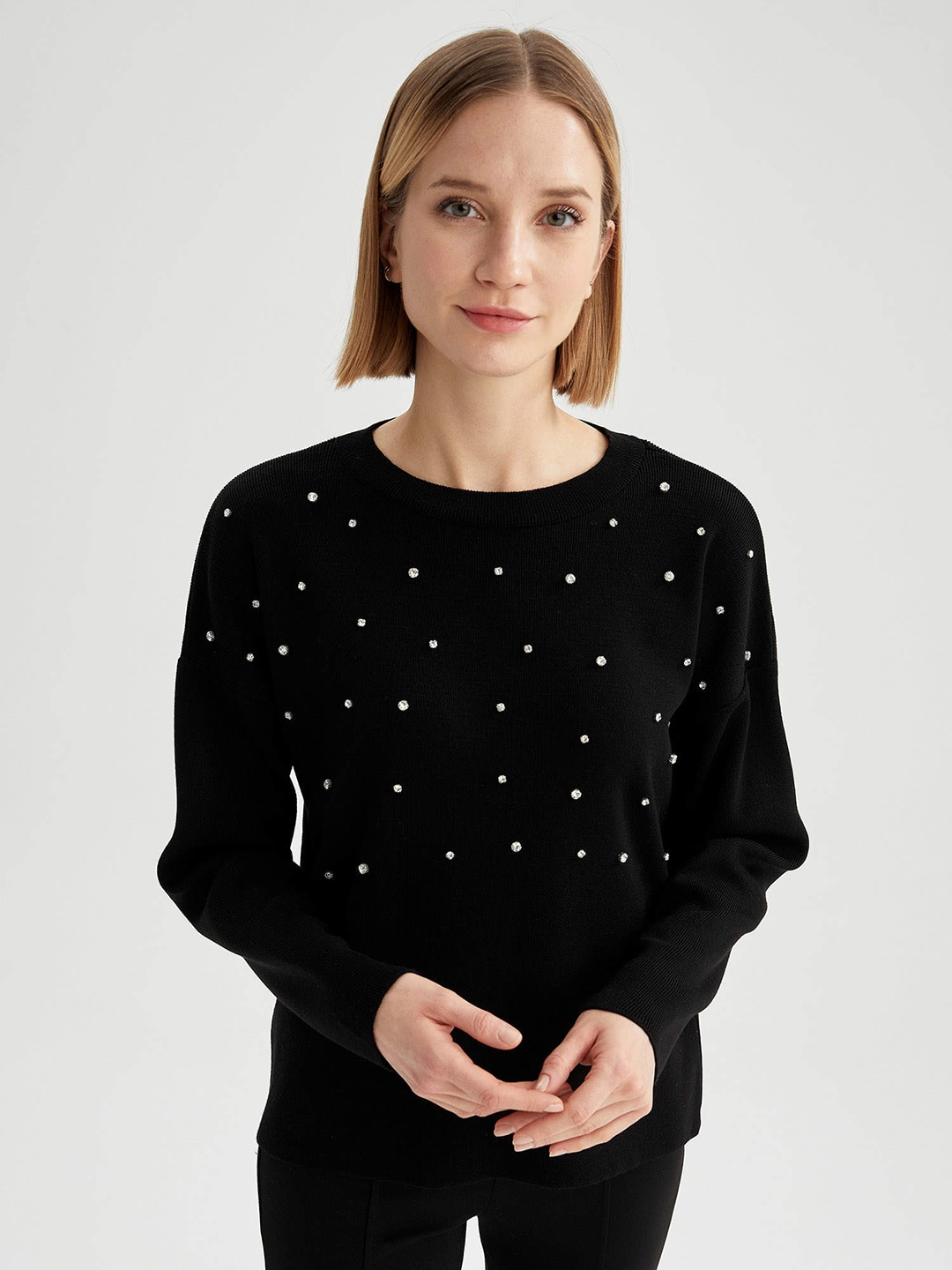DeFacto Women Black Acrylic Pullover with Embellished Detail Price in India
