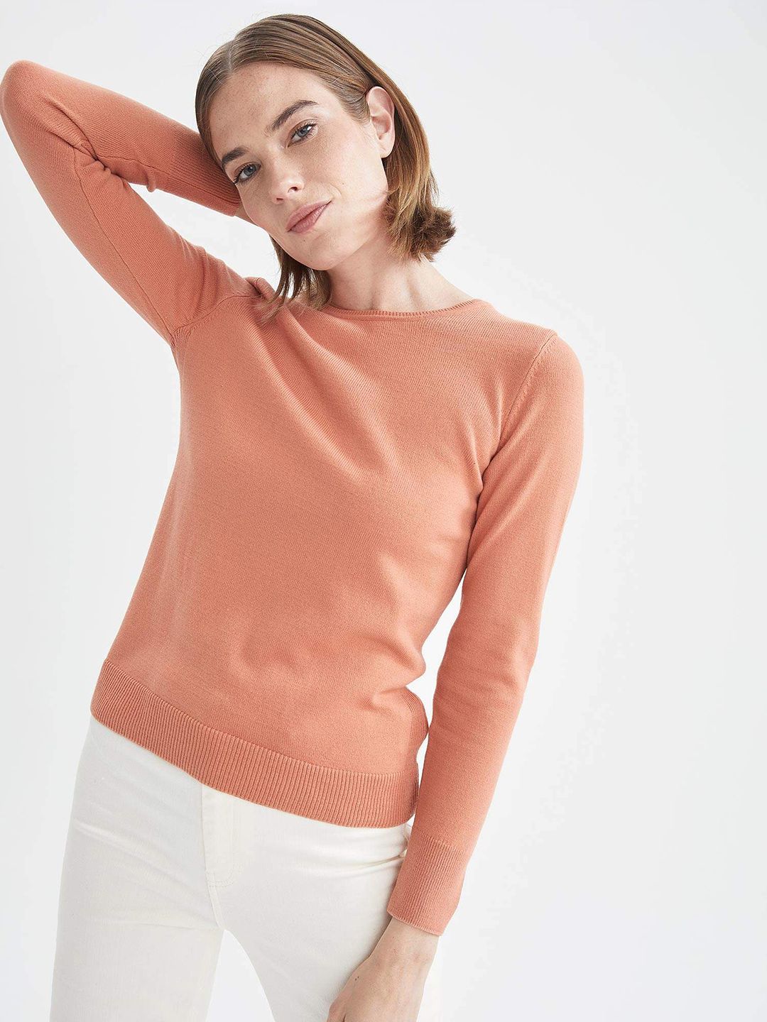 DeFacto Women Peach-Coloured Solid Pullover Price in India