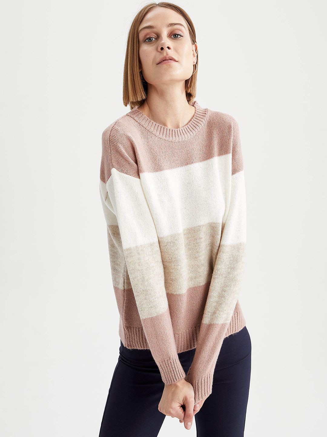 DeFacto Women Pink & White Striped Pullover Price in India