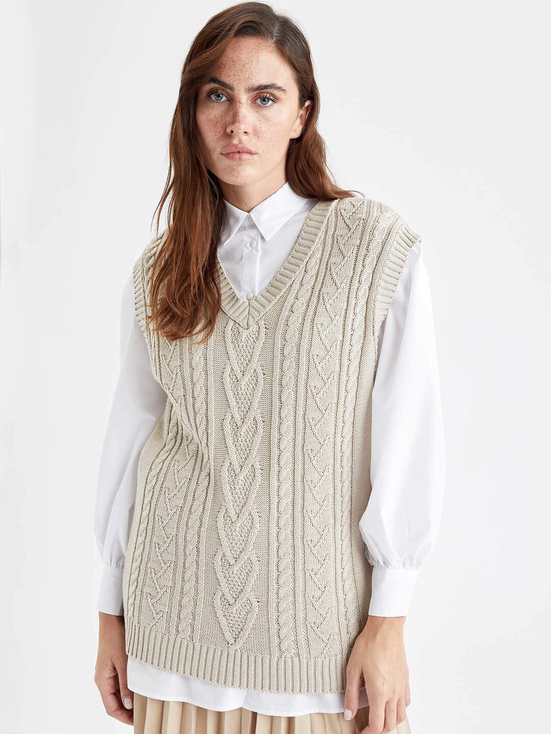 DeFacto Women Beige Cable Knit Sweater Vest Price in India