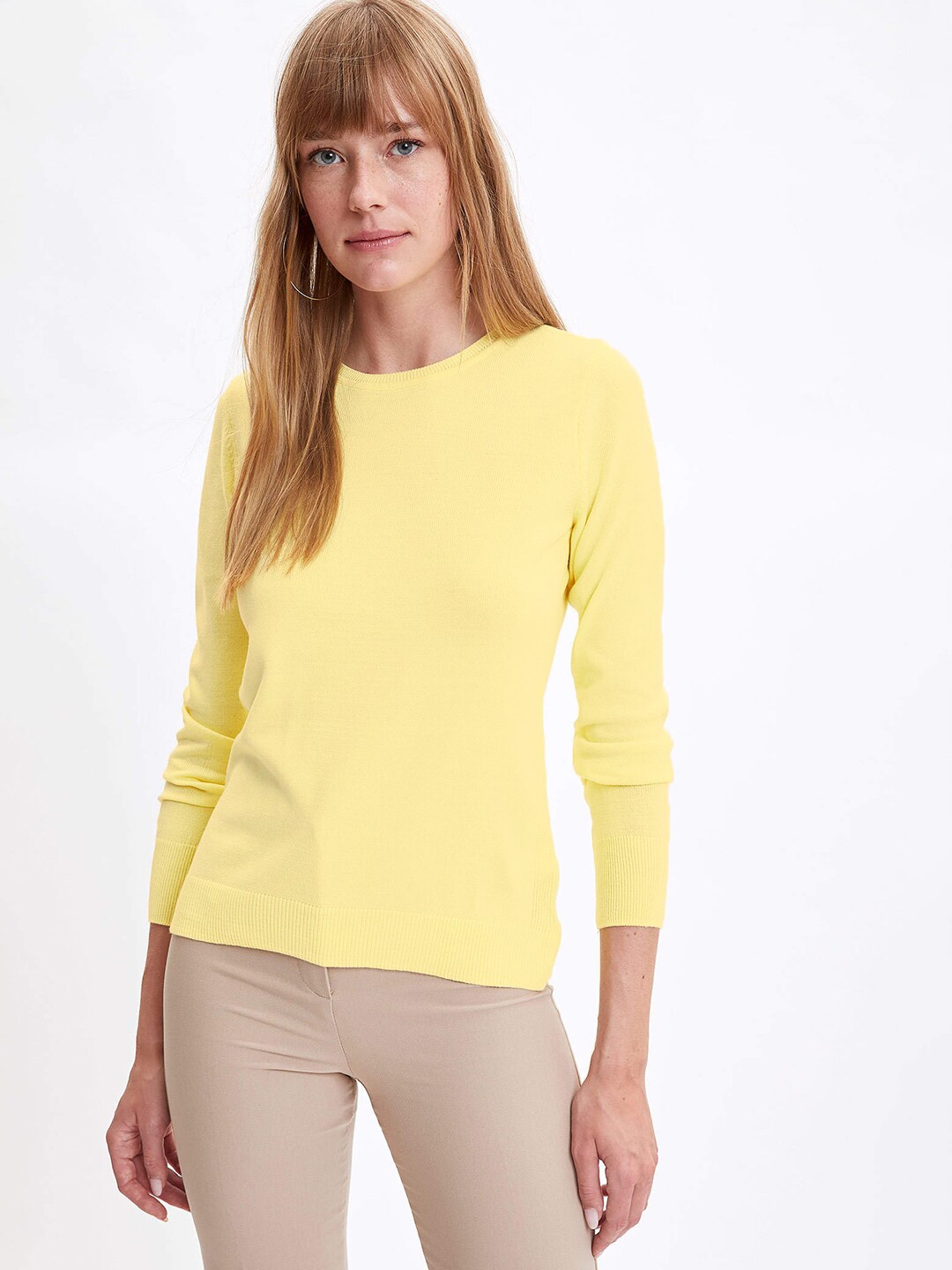 DeFacto Women Yellow Solid Pullover Price in India