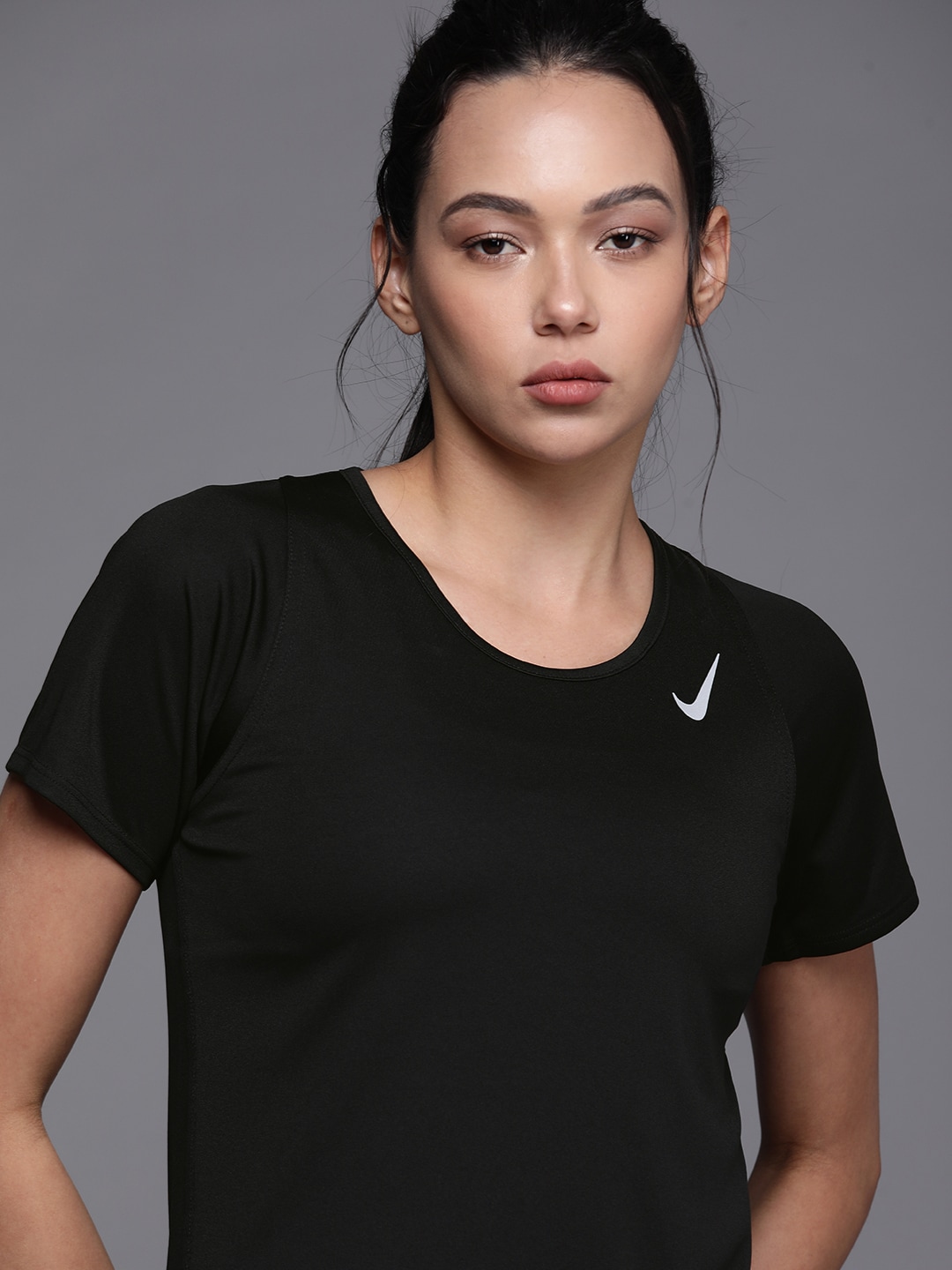 Nike Women Black Dri-FIT Running T-shirt Price in India