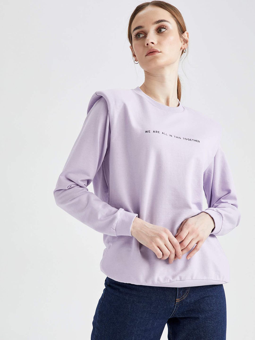 DeFacto Women Lavender Solid Sweatshirt With Printed Detail Price in India