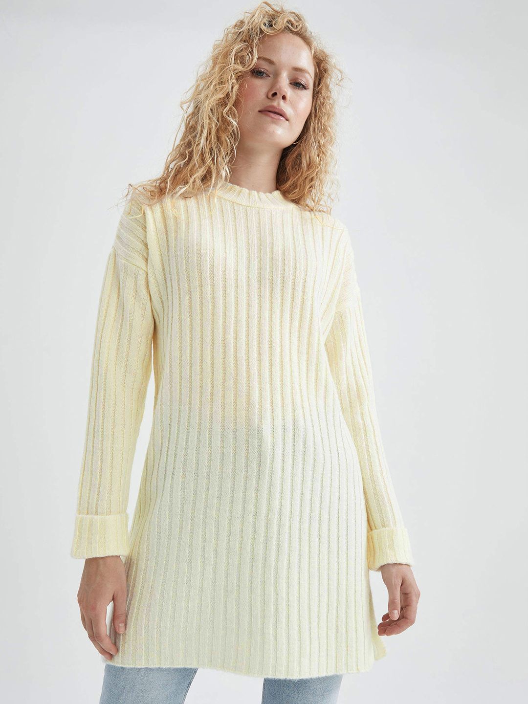 DeFacto Women Off White Ribbed Longline Pullover Price in India