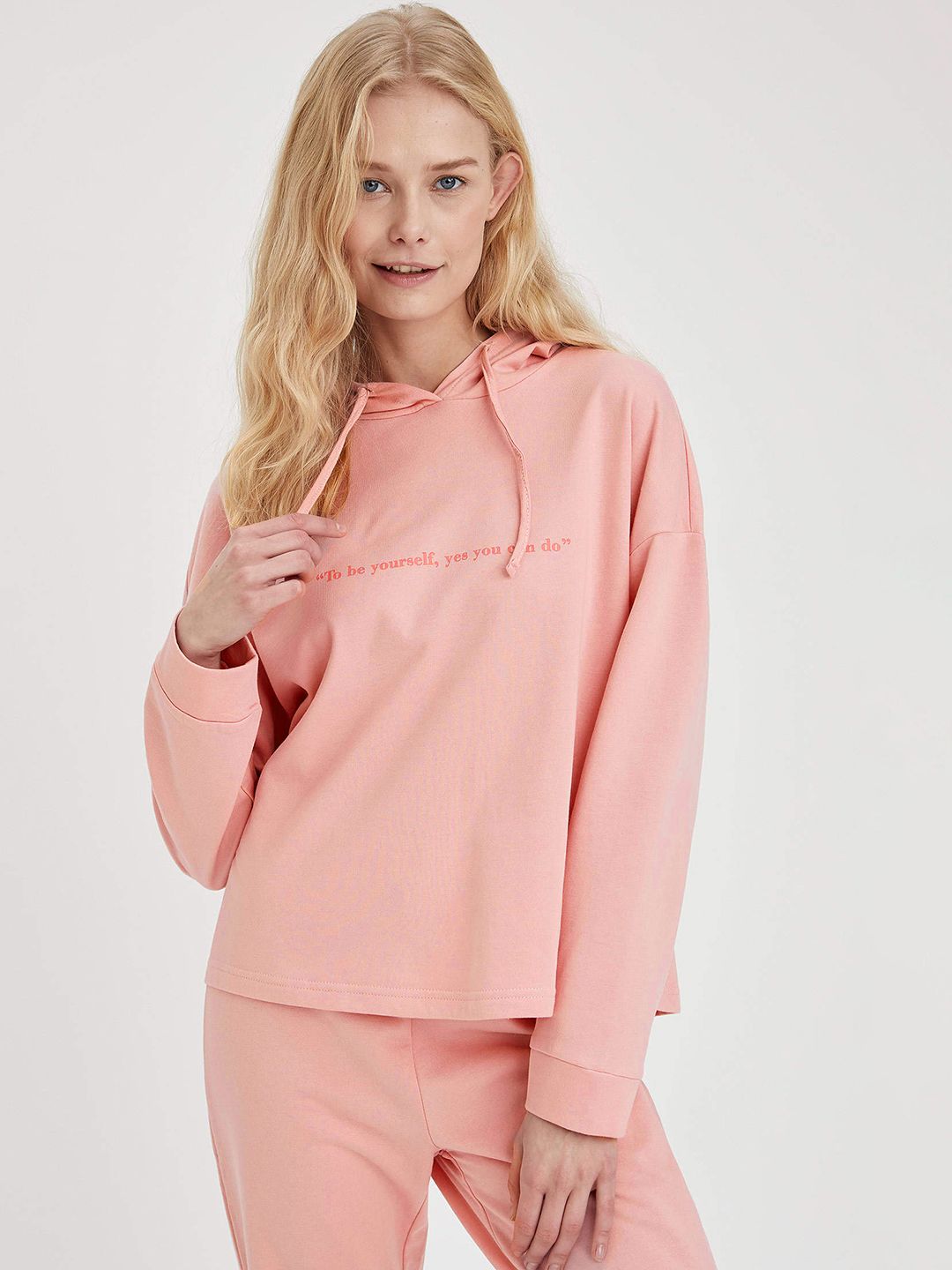 DeFacto Women Pink Pure Cotton Solid Hooded Lounge Sweatshirt with Printed Detail Price in India