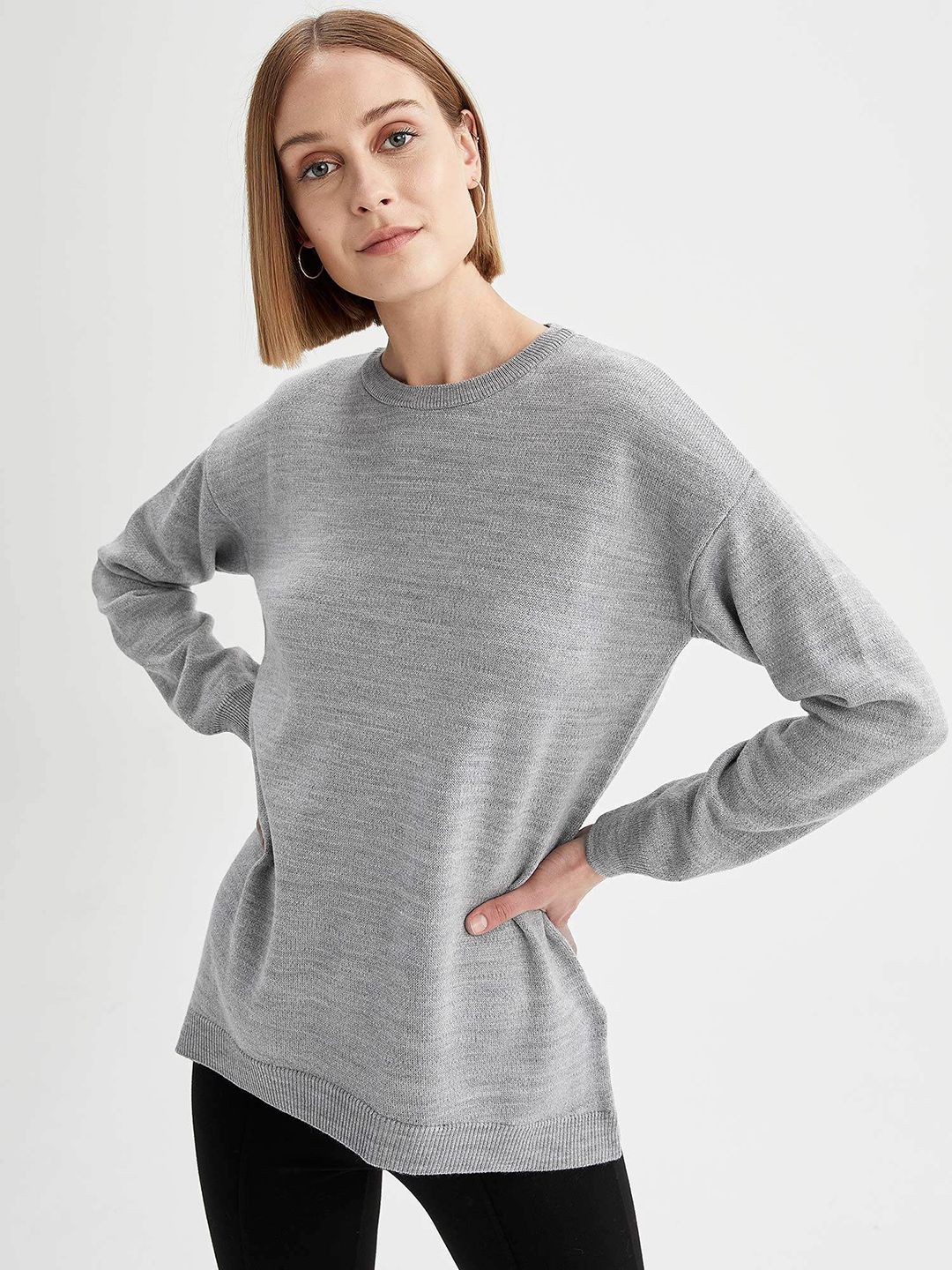 DeFacto Women Grey Melange Solid Longline Pullover Sweater Price in India