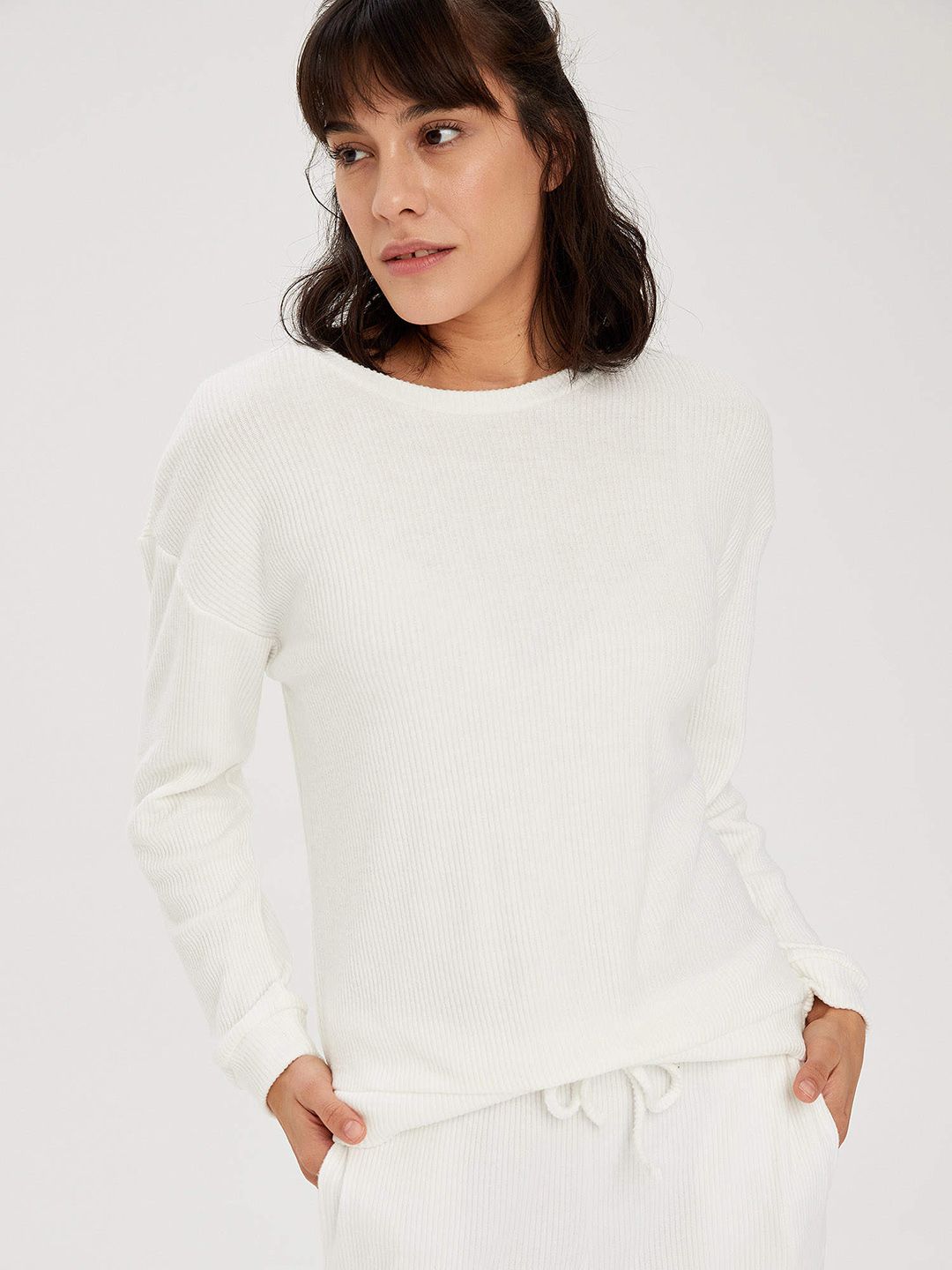 DeFacto Off-White Ribbed Lounge Sweater Price in India