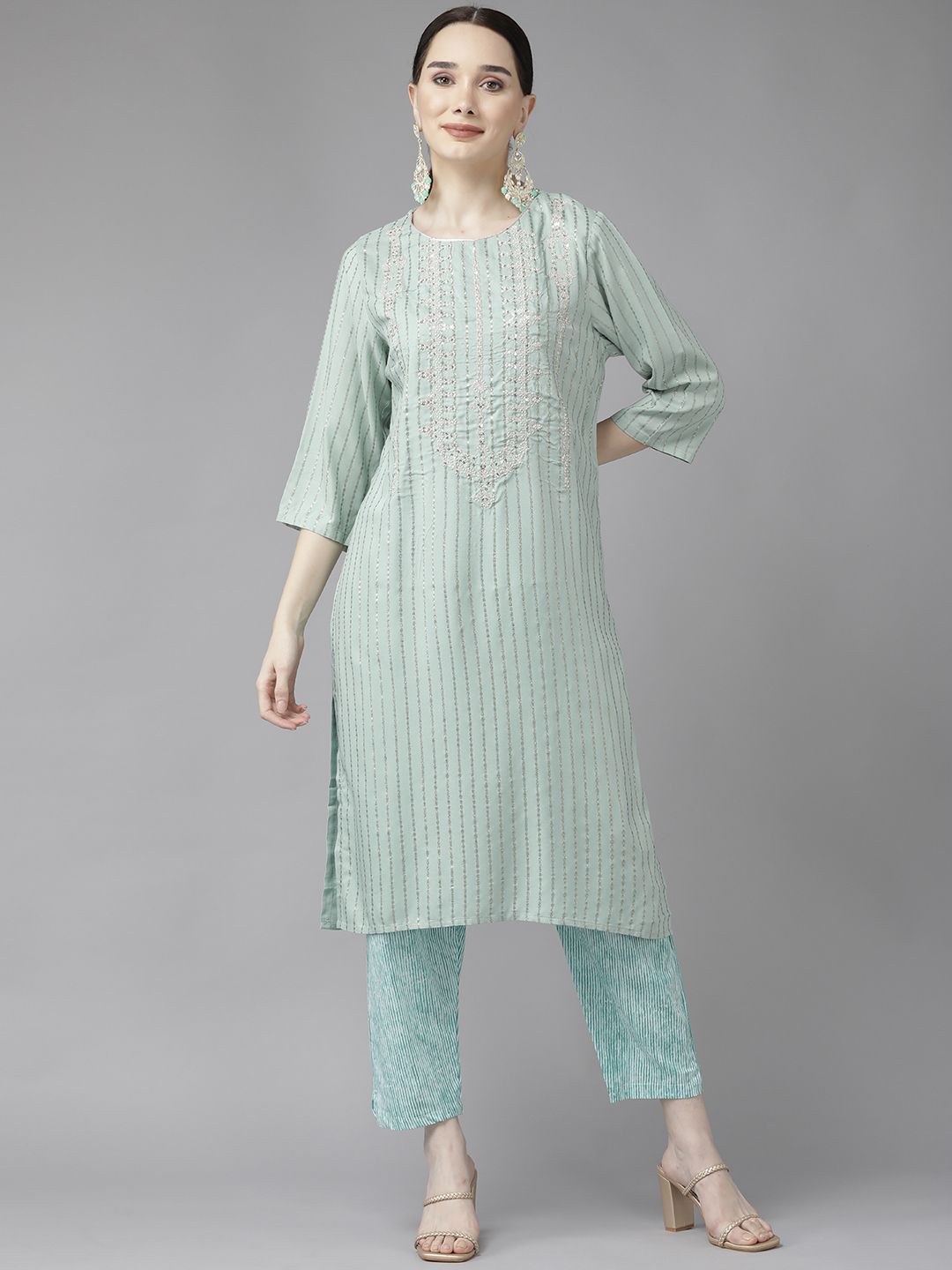 W Women Sea Green Striped Sequined Ethnic Motifs Embroidered Kurta Price in India
