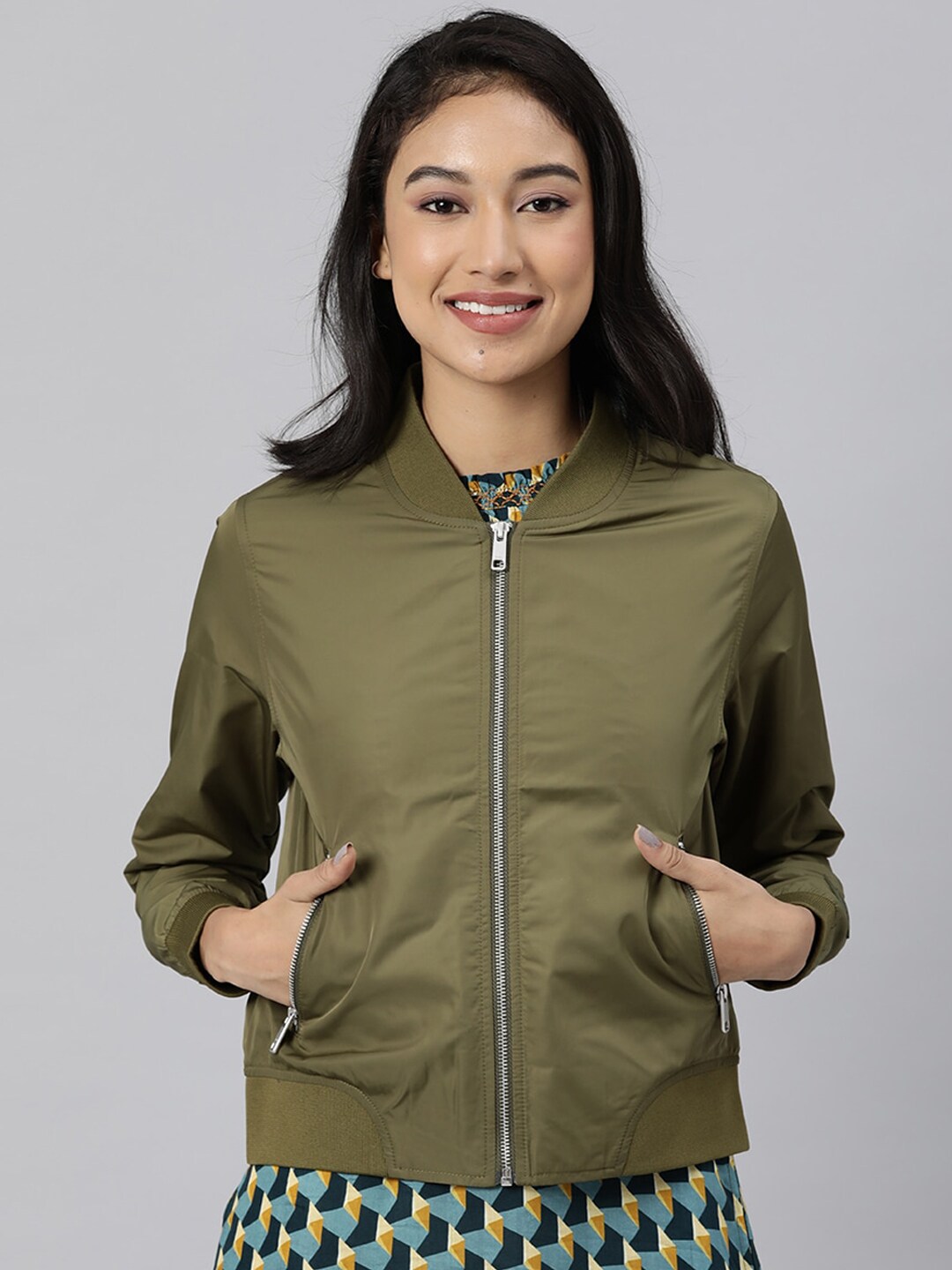 RAREISM Women Olive Green Padded Jacket Price in India