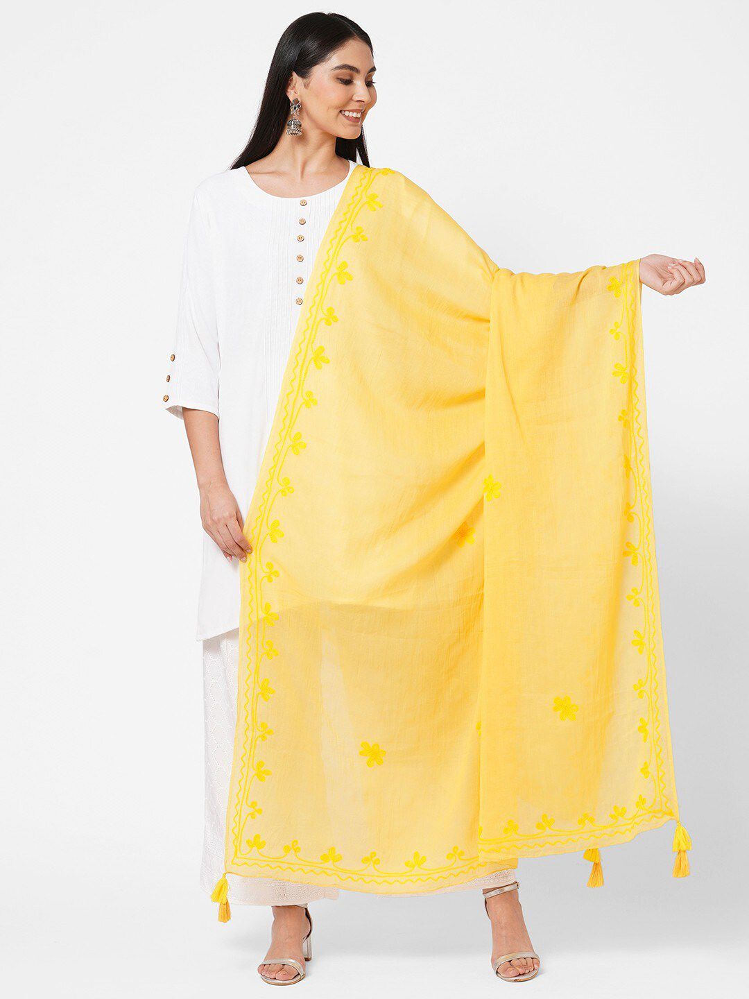 Get Wrapped Yellow Cotton Embroidered Dupatta with Tassels