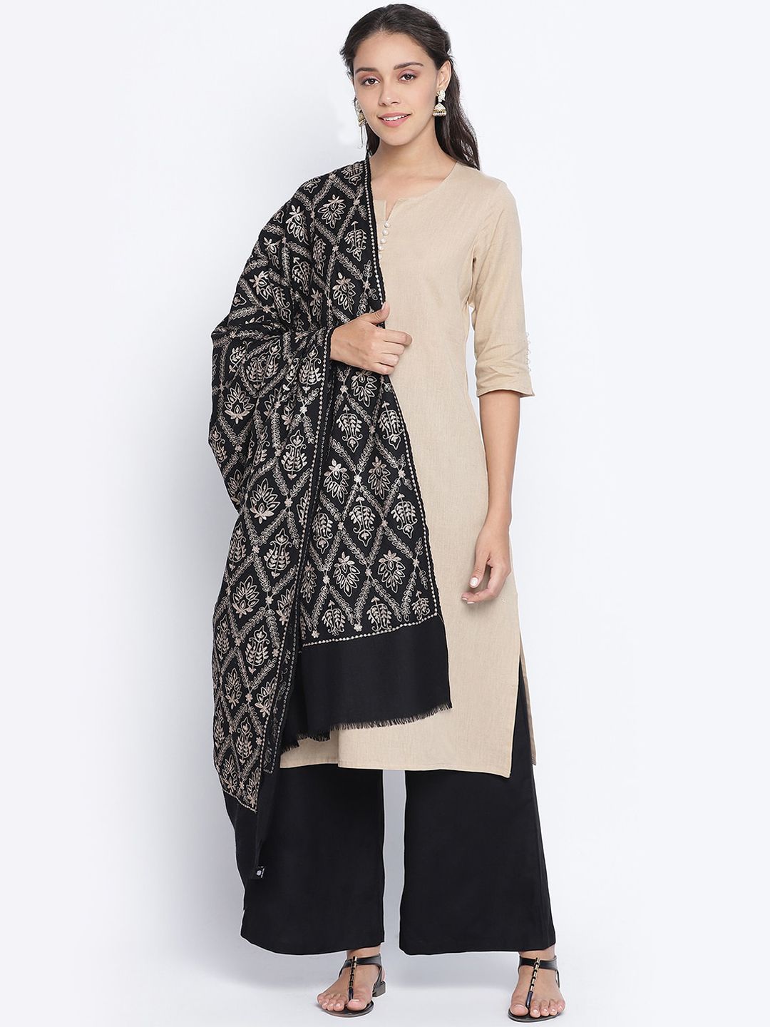 SHINGORA Women Black & Silver Toned Ethnic Motif Embroidered Woolen Shawl Price in India