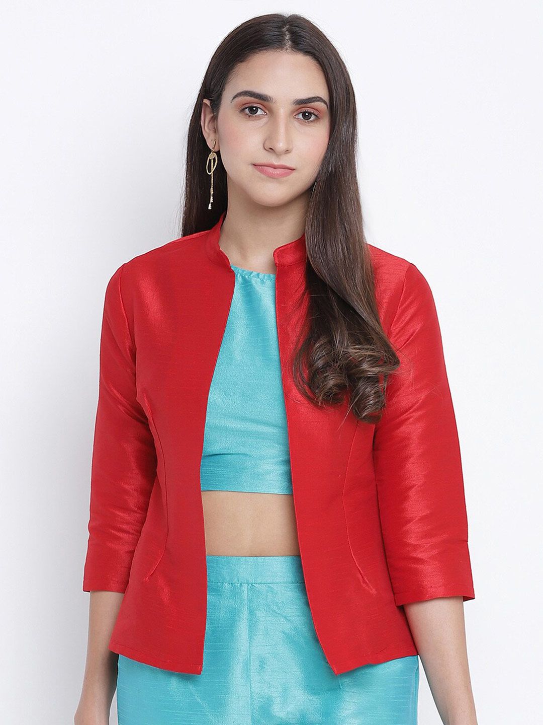 Oxolloxo Women Red Solid Open Front Shrug Price in India