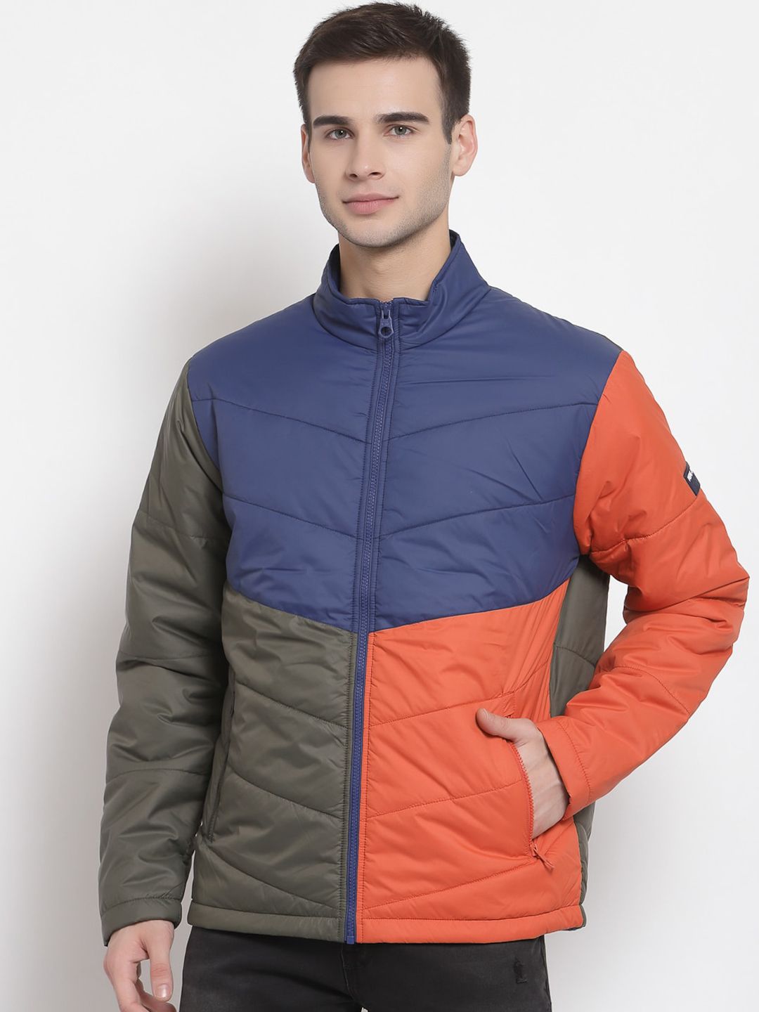 Pepe Jeans Men Olive Green Colourblocked Puffer Jacket