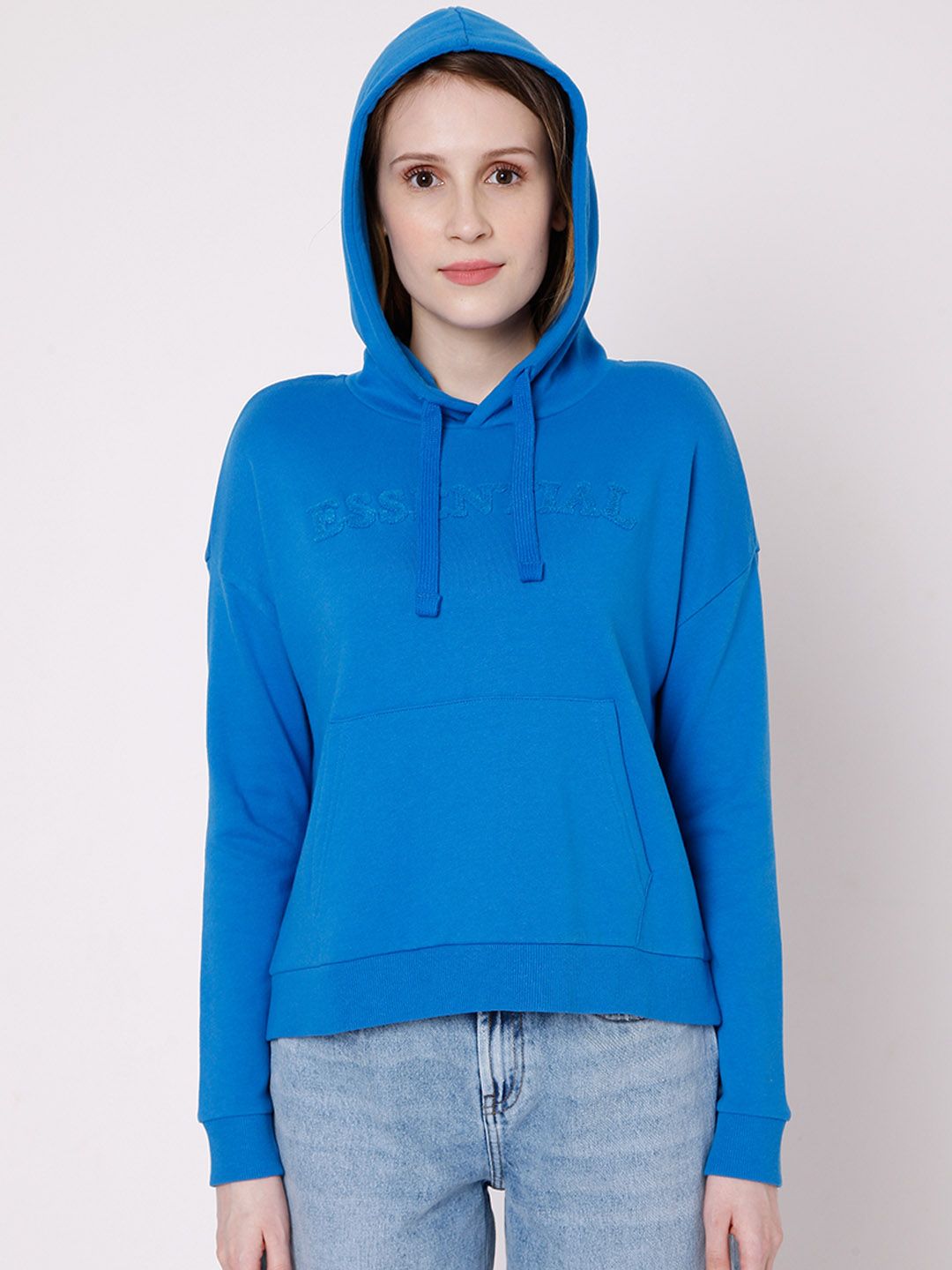 Vero Moda Women Blue Solid Hooded Sweatshirt Price in India