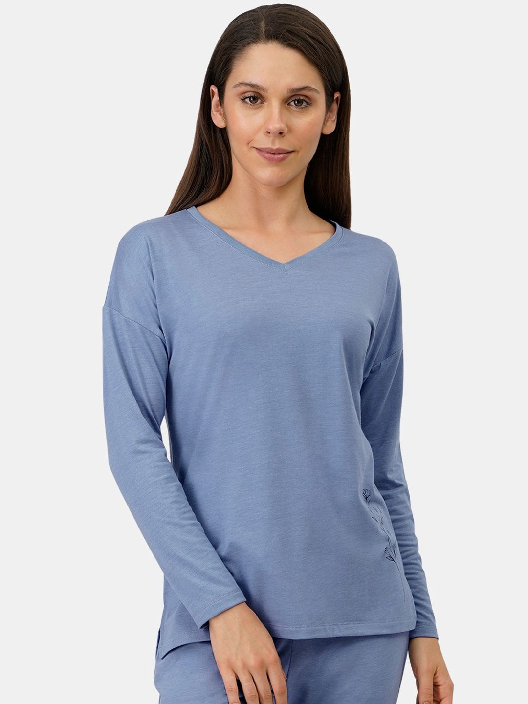 Amante Women Blue Long Sleeve Lounge Cotton T-shirts Price in India