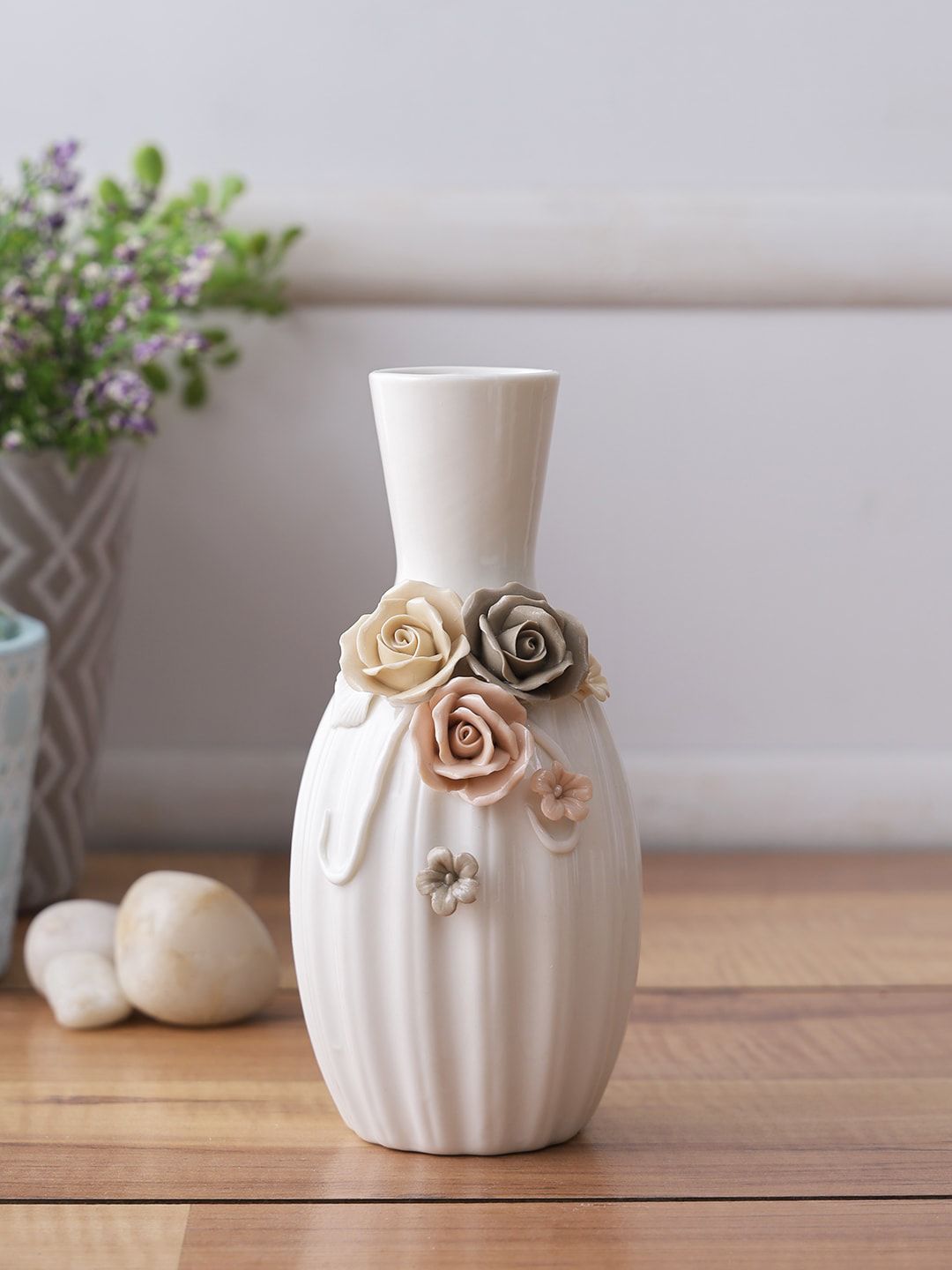 TAYHAA White & Brown Flower Patterned Ceramic Vase Price in India
