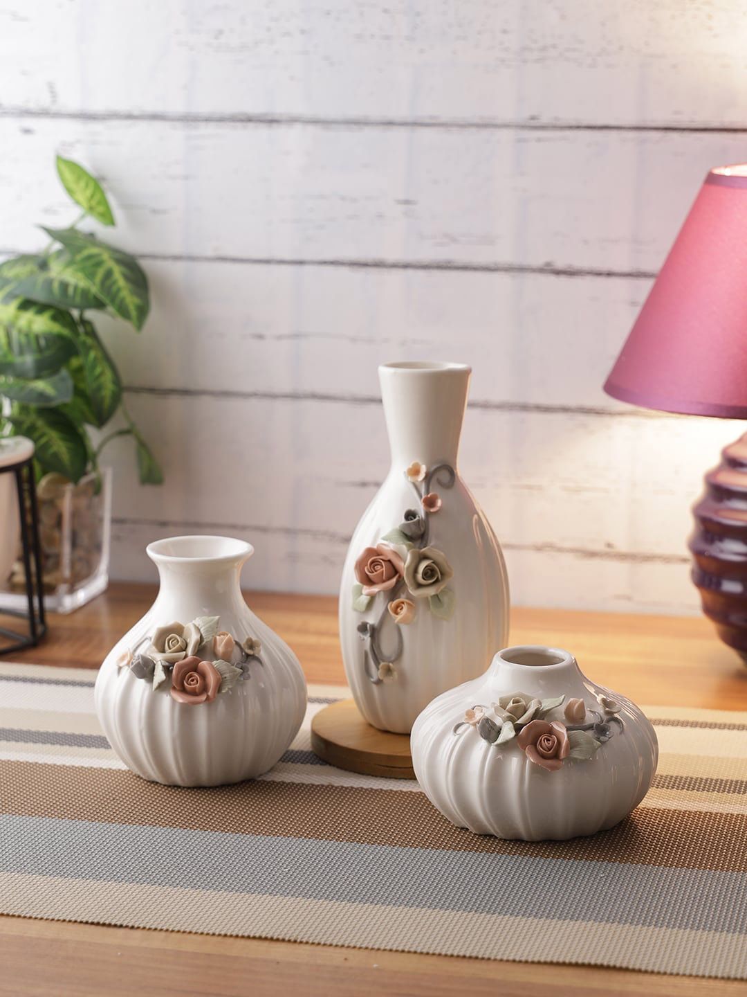 TAYHAA Set Of 3 White Ceramic Flower Vases Price in India