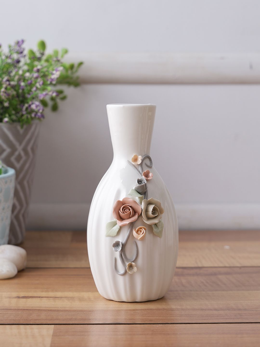 TAYHAA White & Green Flower Patterned Ceramic Vase Price in India