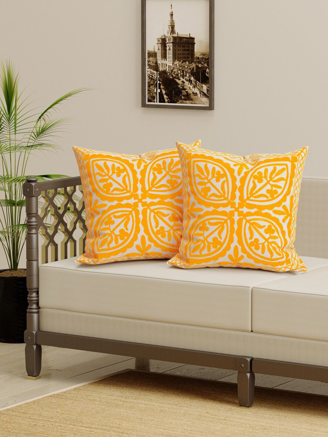 Gulaab Jaipur Yellow & Off White Set of 2 Embroidered Square Cushion Covers Price in India