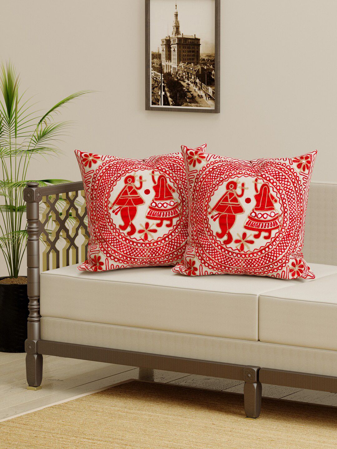 Gulaab Jaipur Red & White Set of 2 Embroidered Square Cushion Covers Price in India