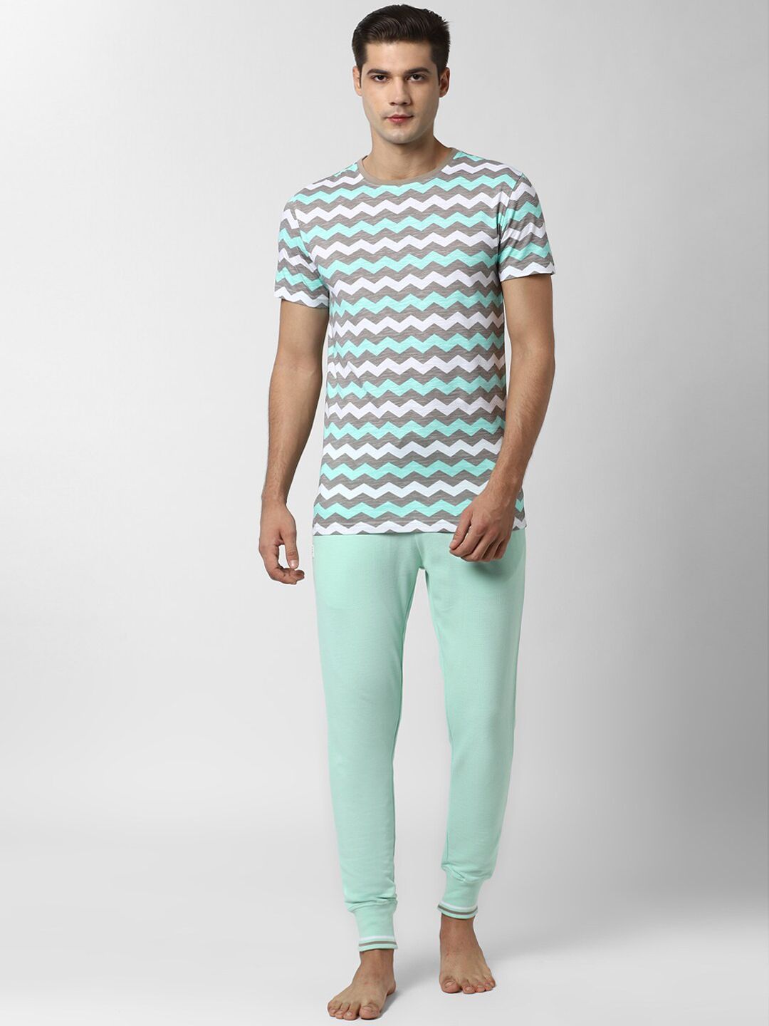 Peter England Men Sea Green Striped Cotton Night suit