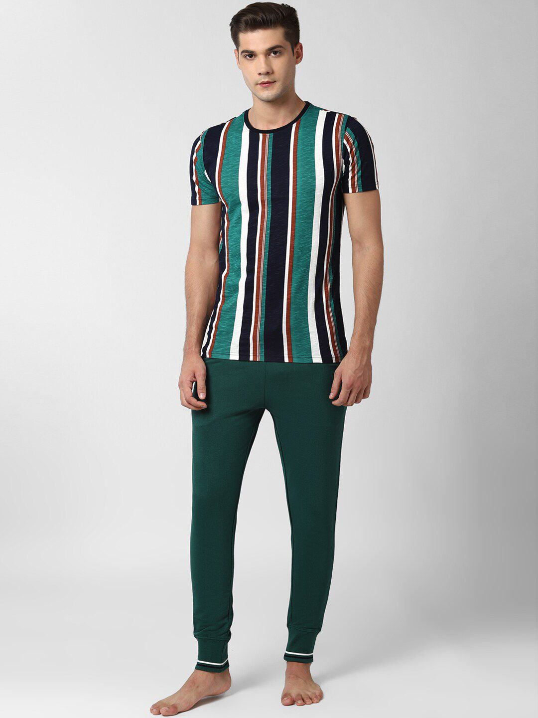 Peter England Men Green Striped Pure Cotton Night suit