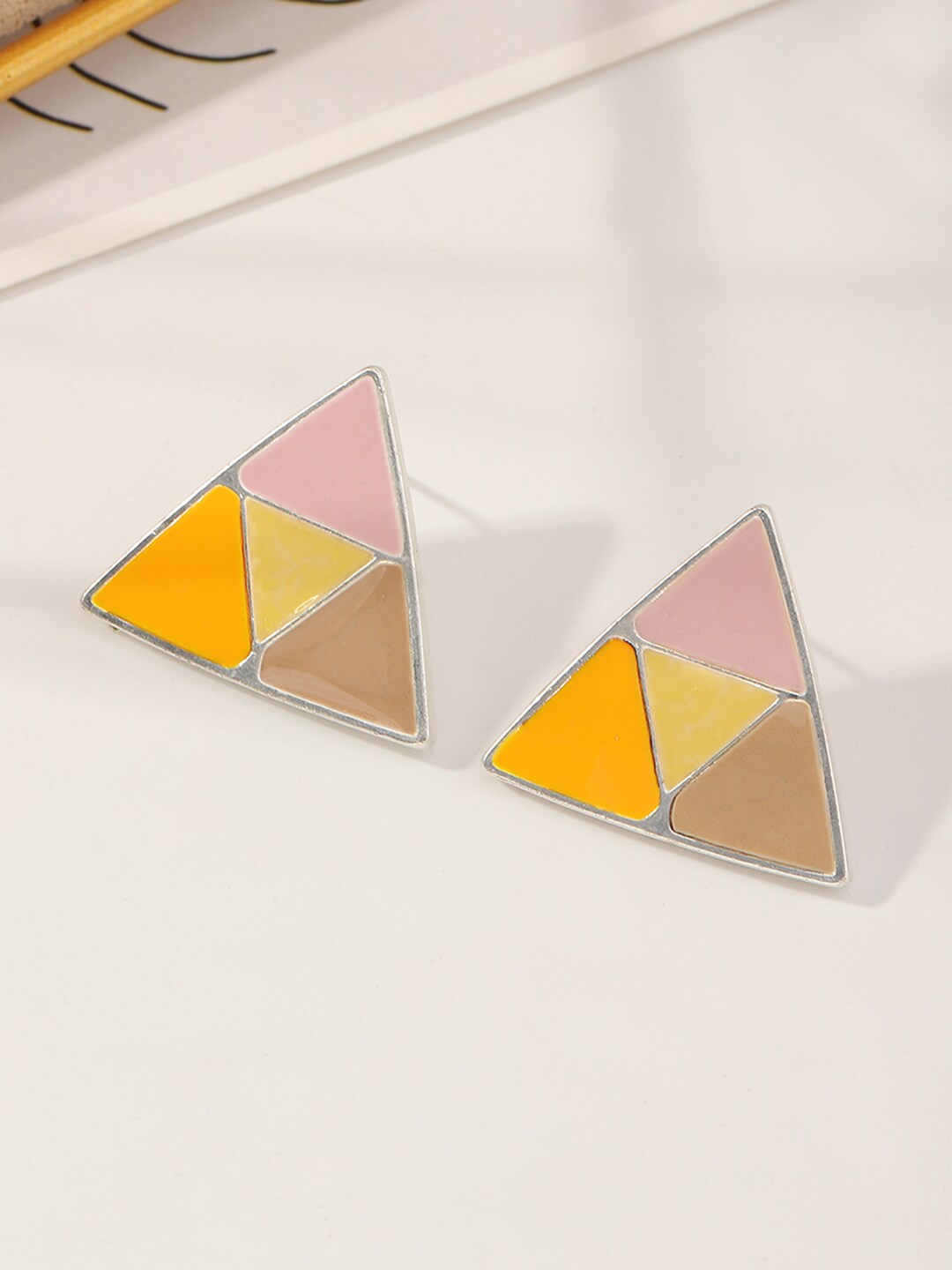 URBANIC Women Yellow & Pink Triangular Studs Earrings Price in India