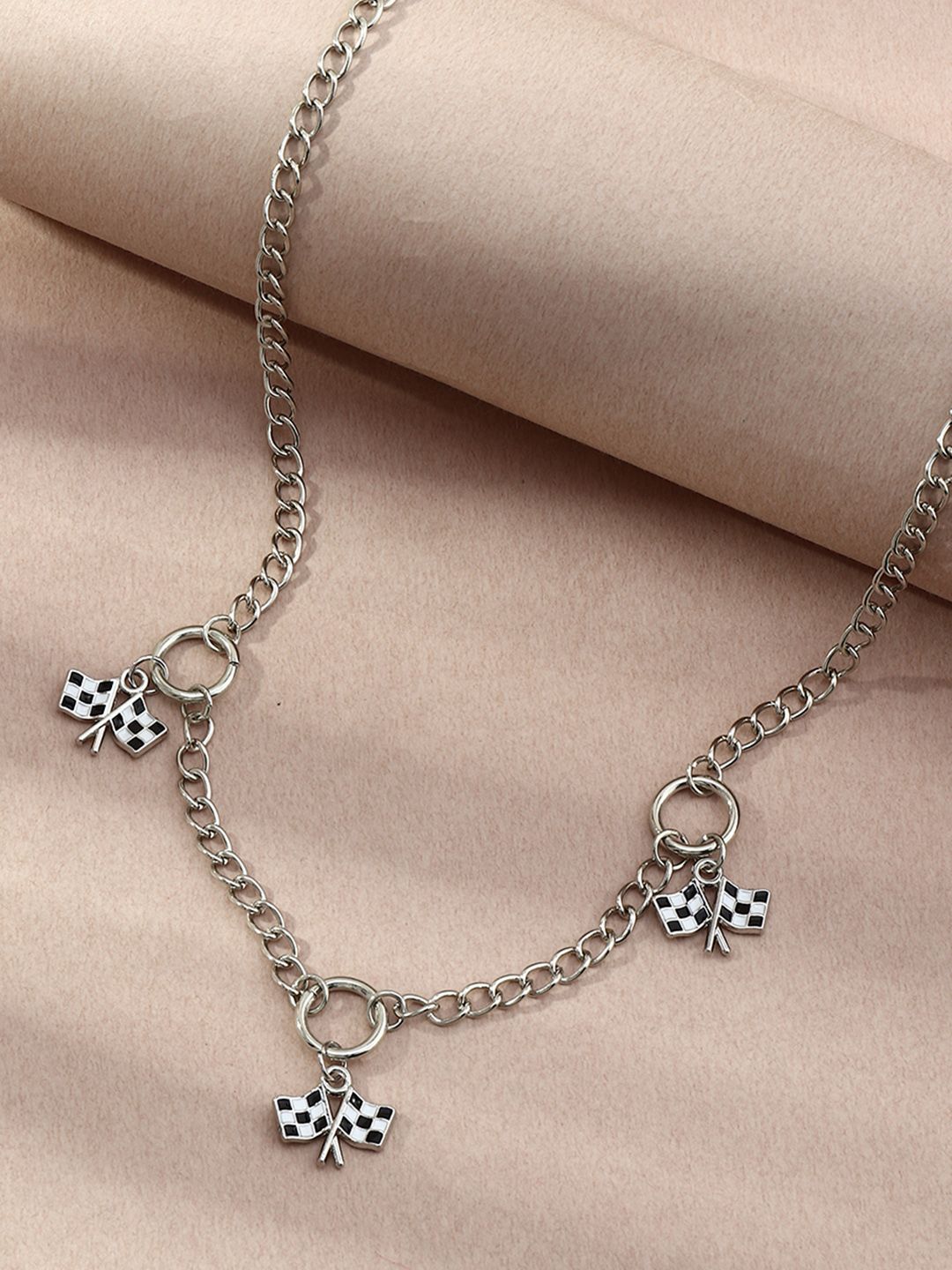 URBANIC Silver-Toned & Black Enamelled Necklace with Checkered Flag Detail Price in India