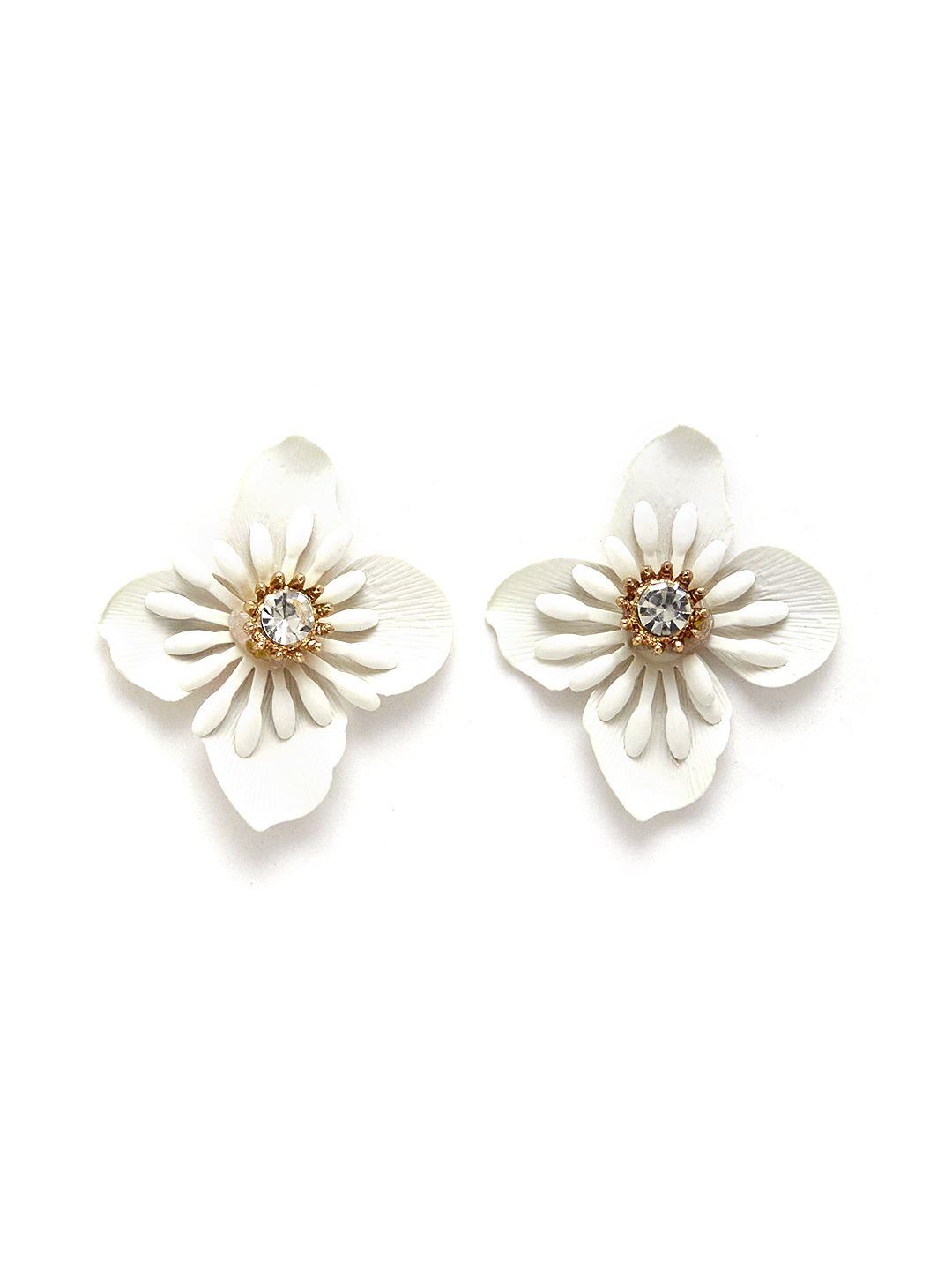 URBANIC White & Gold-Toned Stone-Studded Floral Oversized Studs Price in India