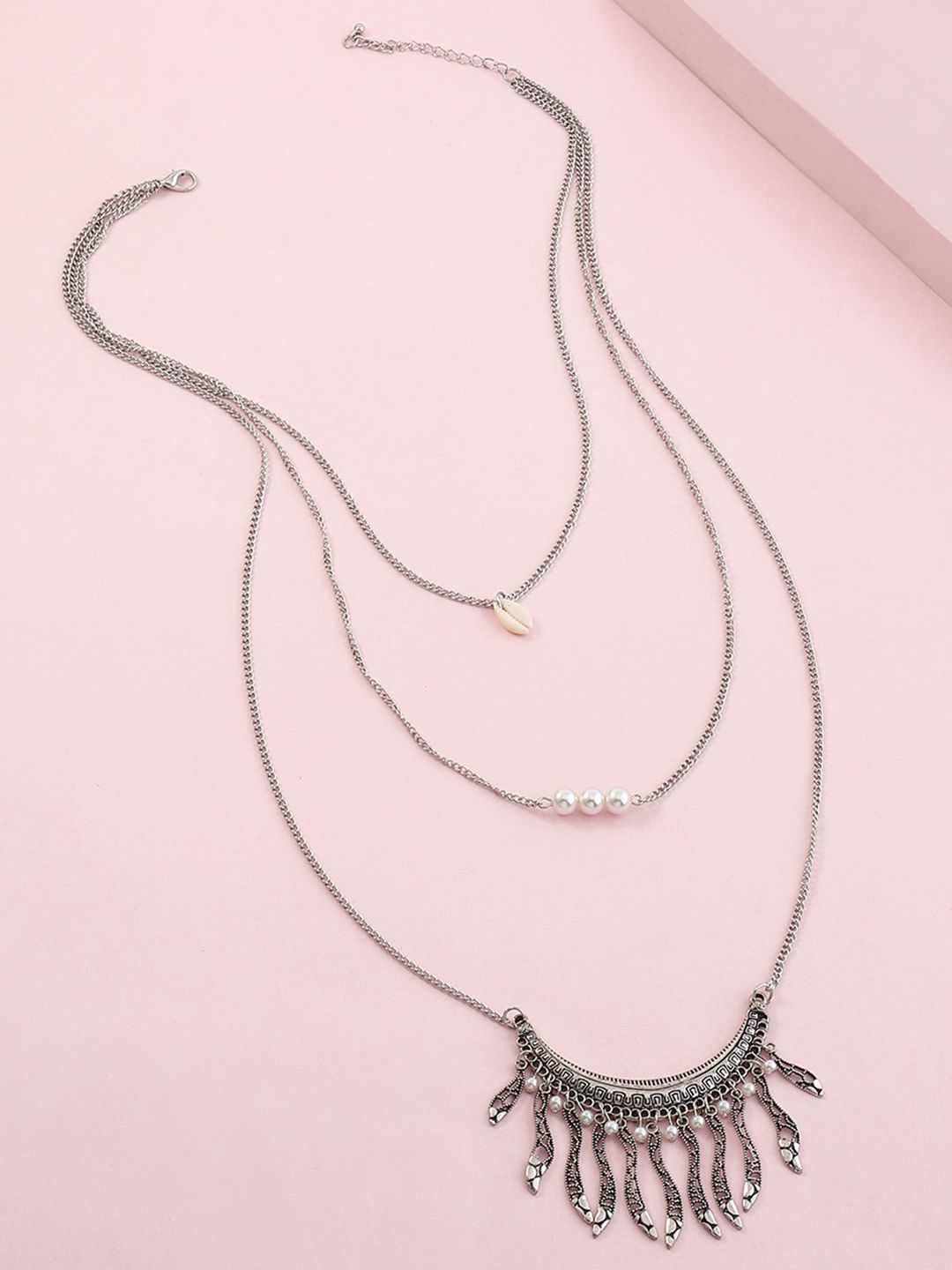 URBANIC Oxidised Silver-Toned & White Beaded Textured Multi-Layered Link Necklace Price in India