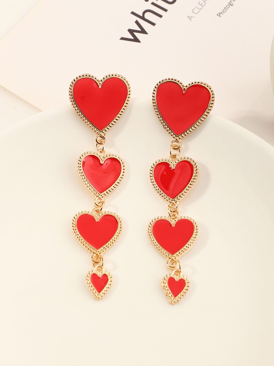 URBANIC Red & Gold-Toned Enamelled Heart Shaped Drop Earrings Price in India