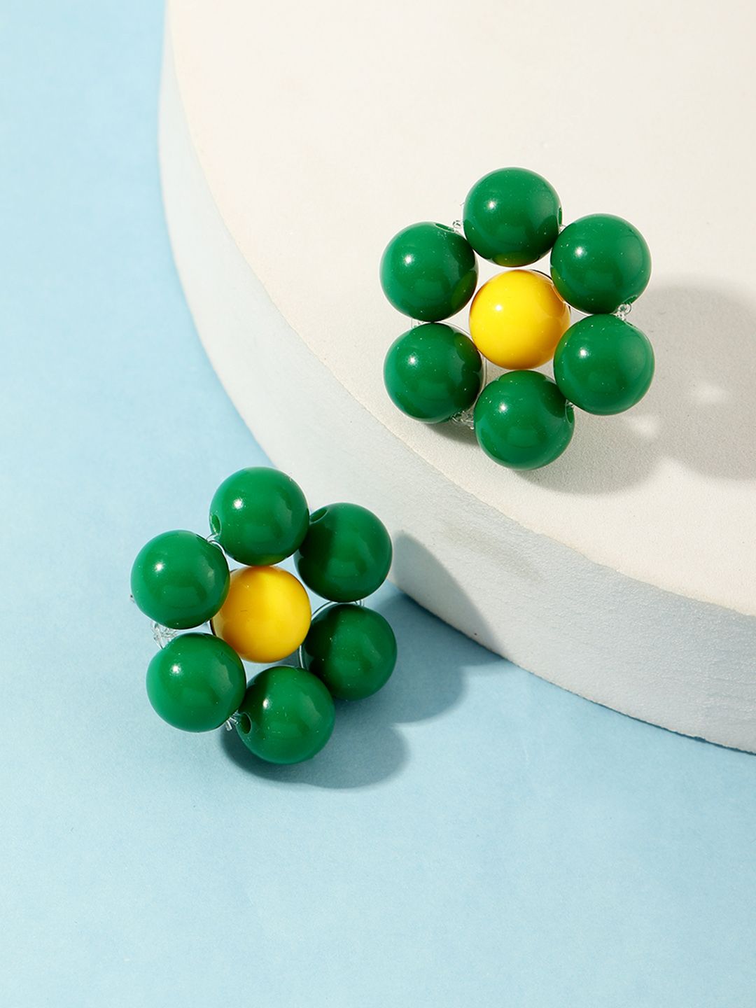 URBANIC Green & Yellow Beaded Floral Studs Price in India