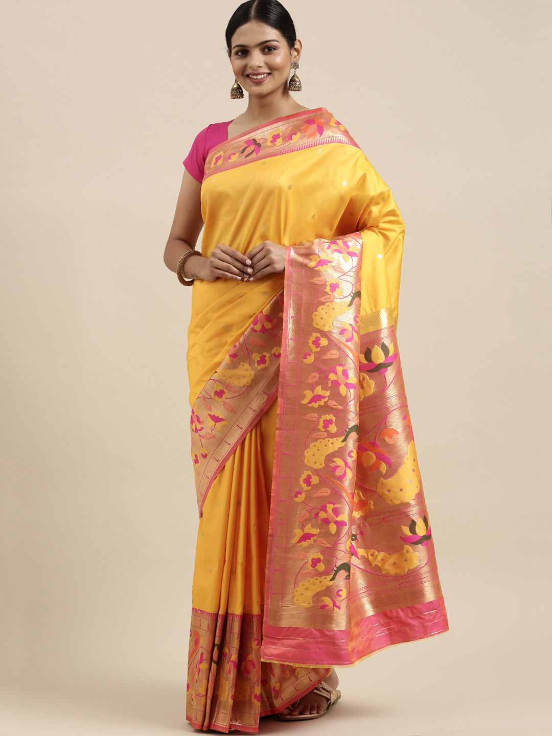 Mitera Yellow Woven Design Silk Blend Paithani Saree Price in India