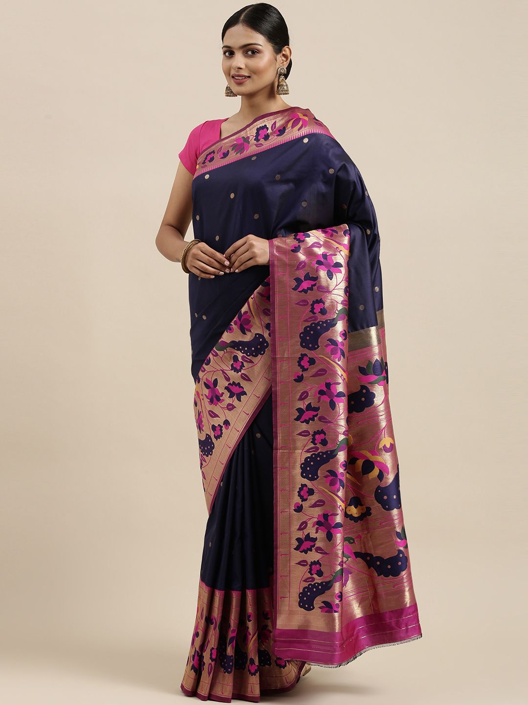 Mitera Blue & Pink Woven Design Silk Blend Paithani Saree Price in India