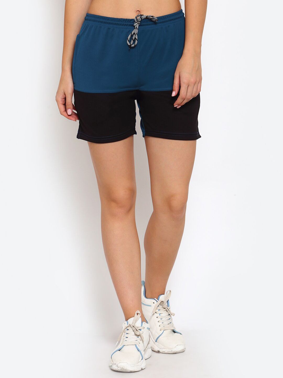 KLOTTHE Women Blue & Black Colourblocked Sports Shorts Price in India