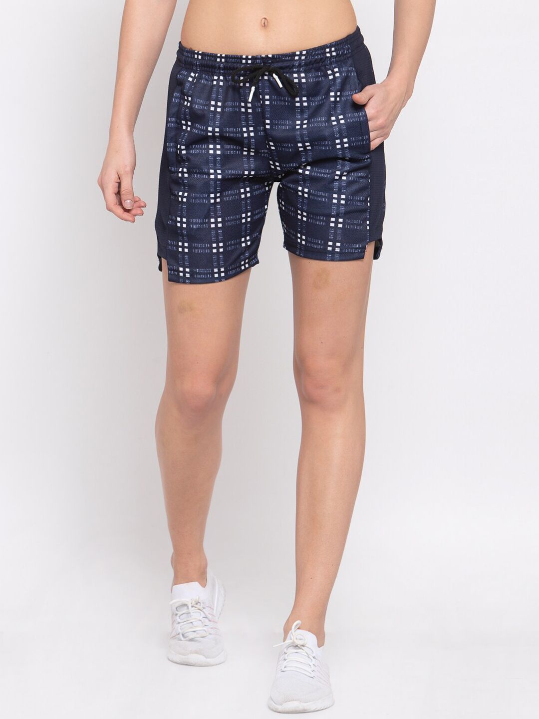 KLOTTHE Women Navy Blue Checked Training or Gym Sports Shorts Price in India