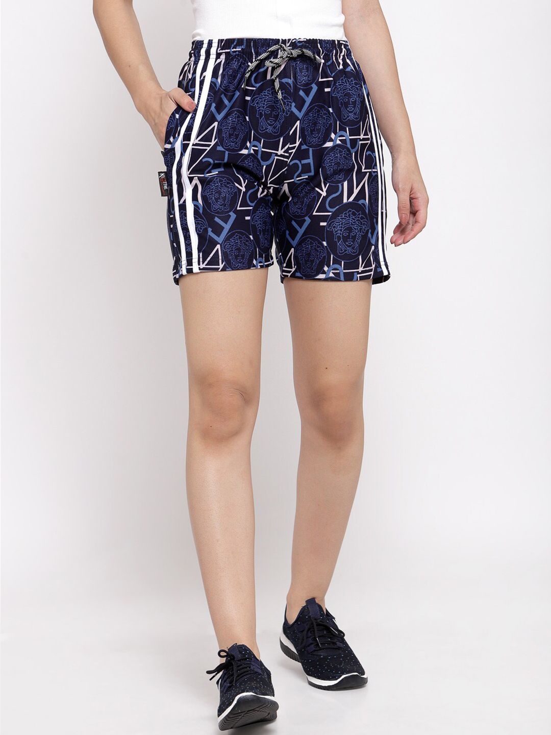 KLOTTHE Women Blue & White Printed Traning & Gym Lounge Shorts Price in India