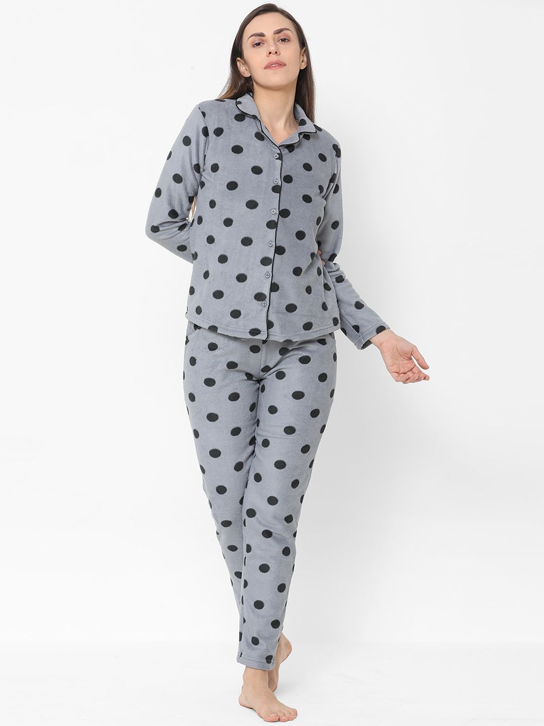 Sweet Dreams Women Grey & Black Printed Fleece Night suit Price in India