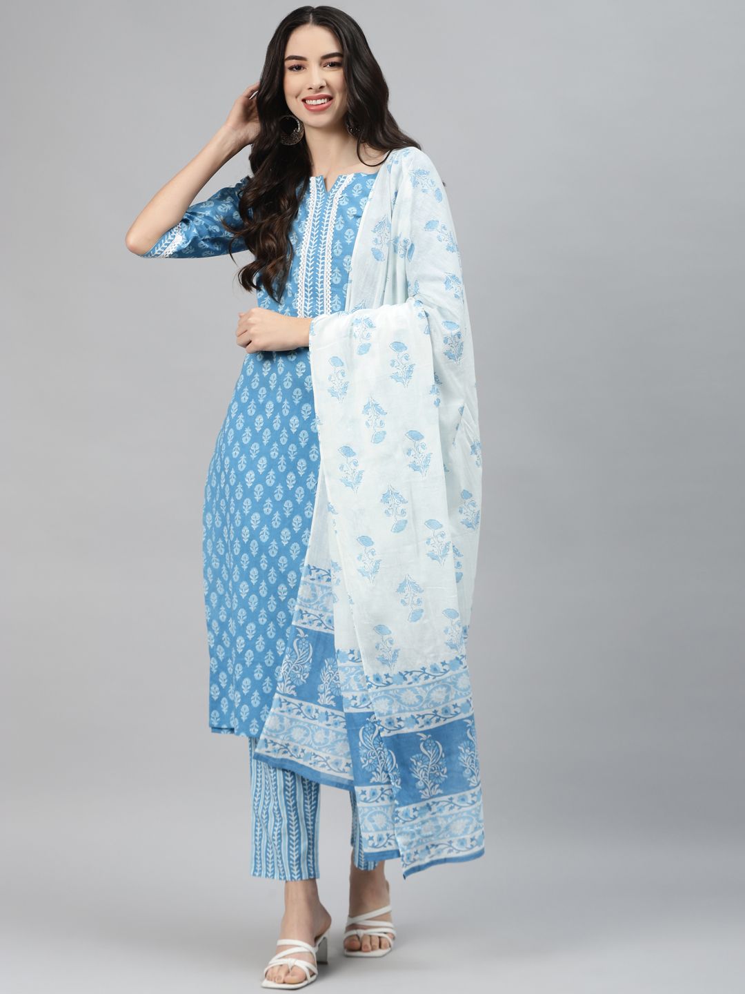 Ginni Arora Label Women Blue Printed Regular Pure Cotton Kurta with Trousers & With Dupatta Price in India