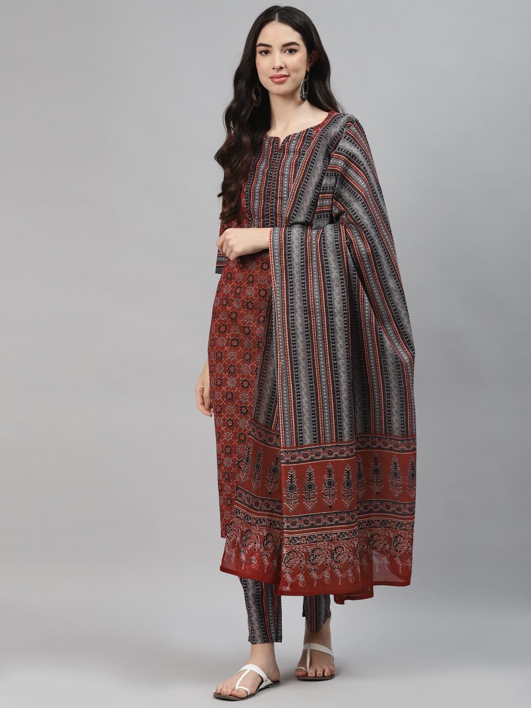 Ginni Arora Label Women Maroon Printed Regular Pure Cotton Kurta with Trousers & With Dupatta Price in India