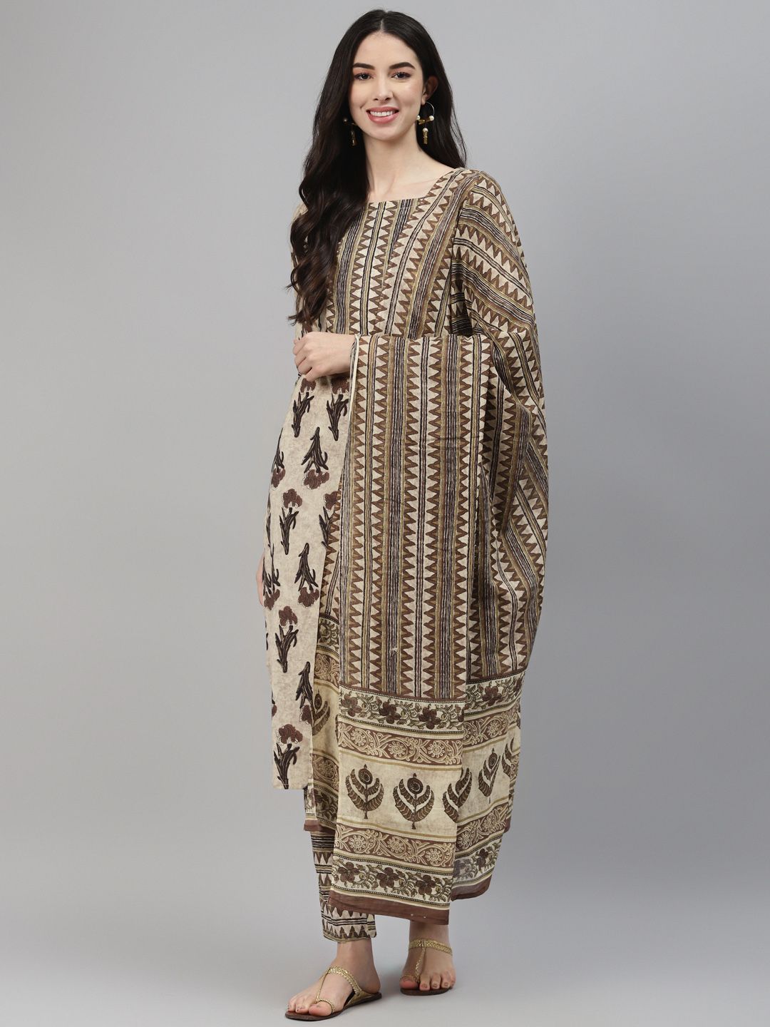 Ginni Arora Label Women Brown Printed Regular Gotta Patti Pure Cotton Kurta with Trousers & With Dupatta Price in India